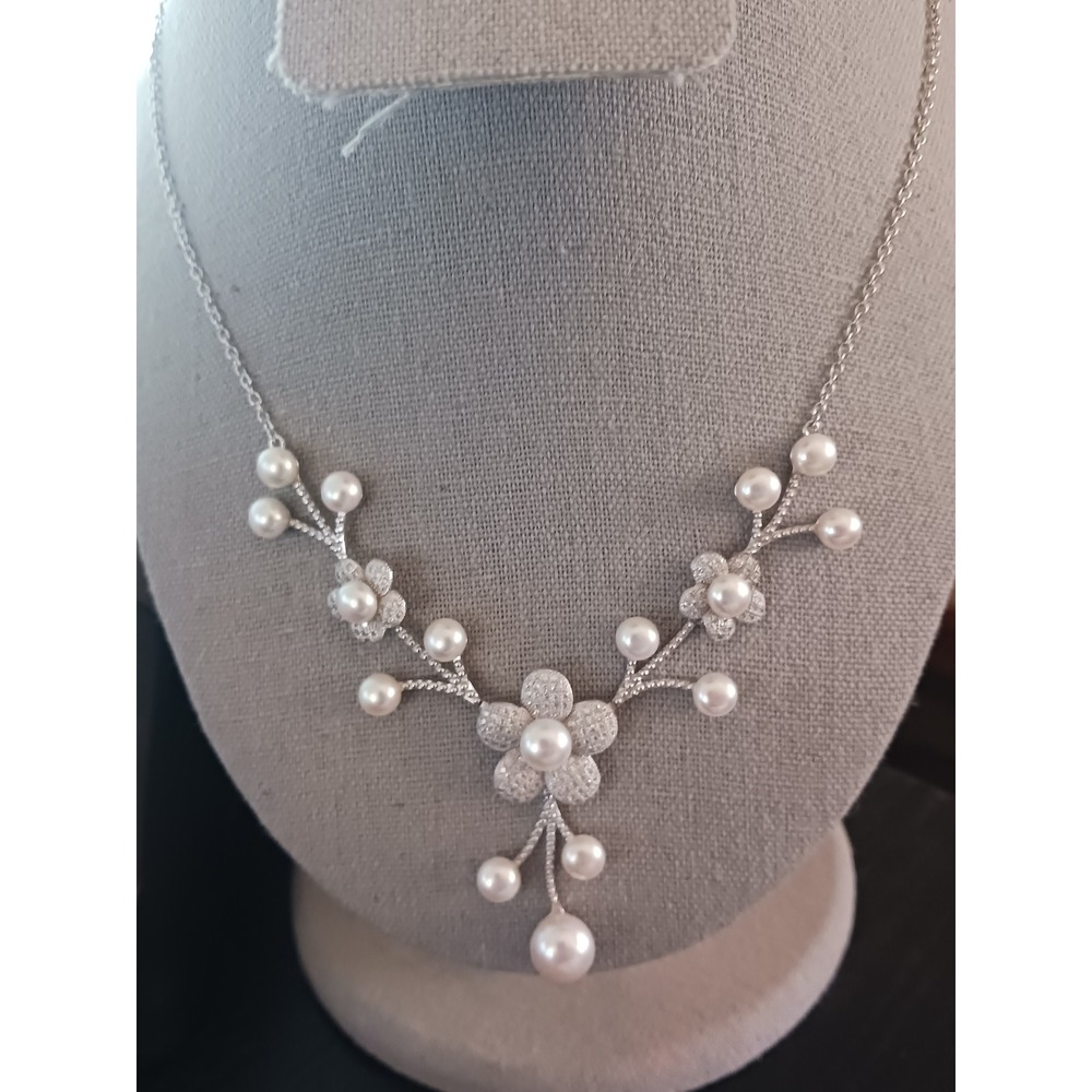 Silver Cultural Pearl Floral Statement Necklace Bridal Wedding Jewelry Pavé - Picture 2 of 5